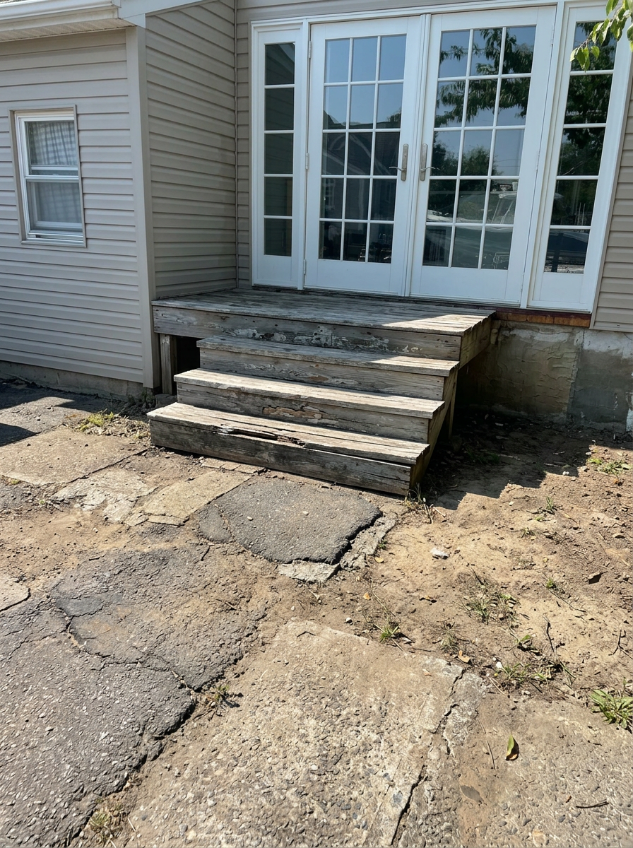 Aged wooden entry steps before renovation