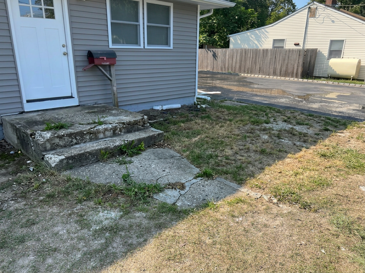 Front entry before renovation with broken concrete steps and patchy yard